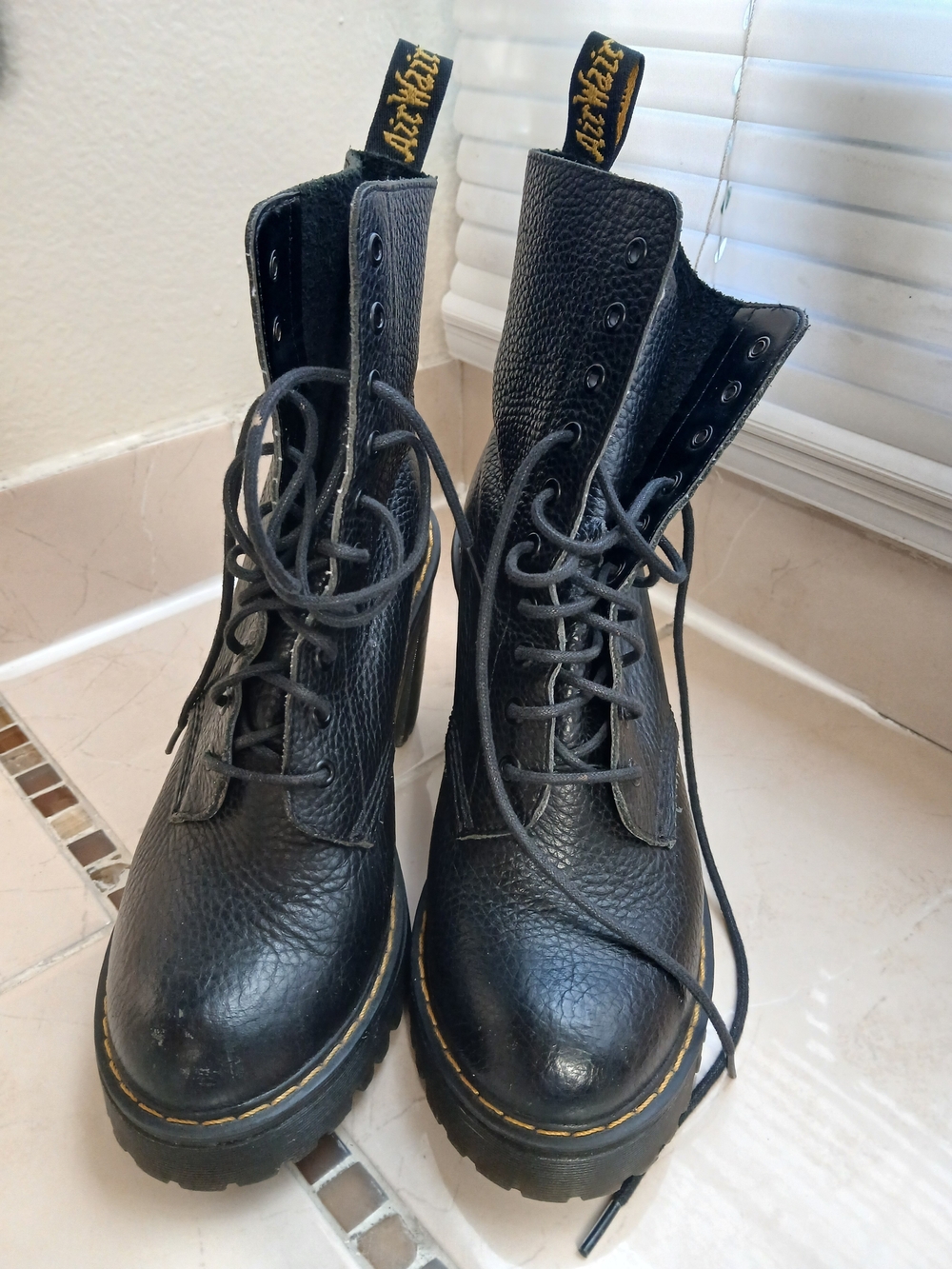Dr. Martens Black Lace-Up Platform Combat Boots with Yellow Pull Tabs